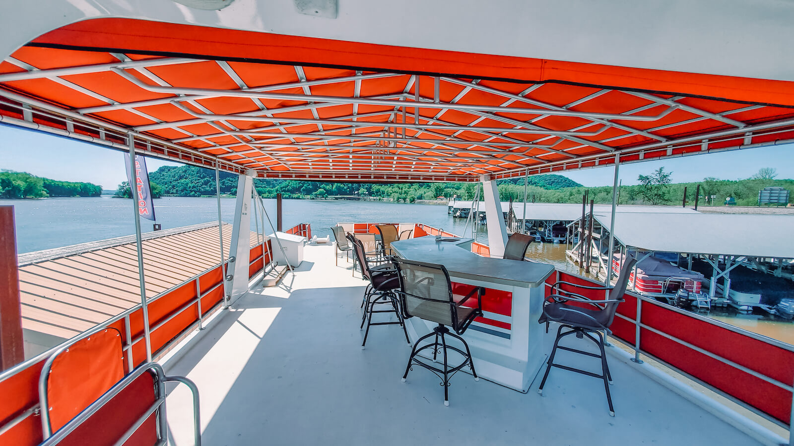 S&S Rentals Riverview 62' houseboat in the Mississippi River near Lansing, Iowa